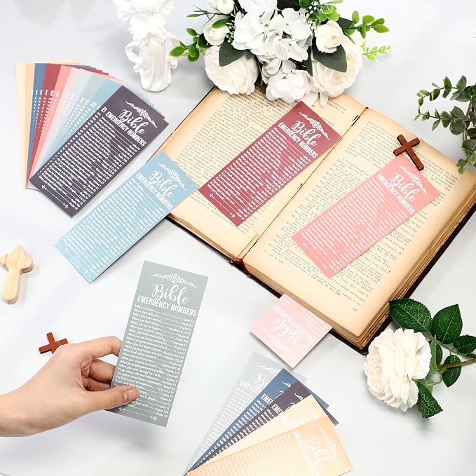 Motiskyy 100 Pcs Christian Fathers Day Bible Verse Emergency Numbers Bookmark Religious Church Gift 2.36 x 6'' Catholic Book of The Bible Card for Women Men Teacher Nurse Sunday School(Bright Morandi)