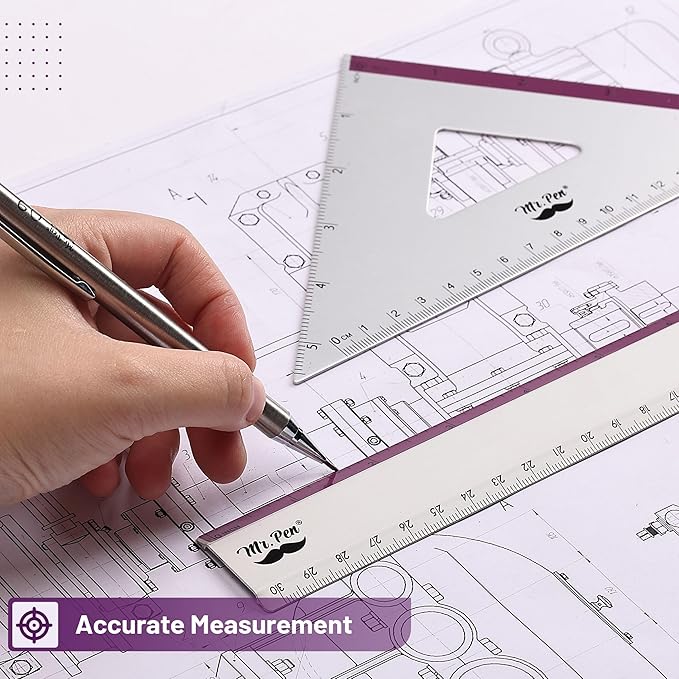 Mr. Pen- Metal Geometry Kit, 4 Pack, 45° & 30°/60° Set Squares, 6" Protractor & 12" Ruler, Durable Metal Drafting Tools for Technical Drawing, Math, Engineering & Architecture