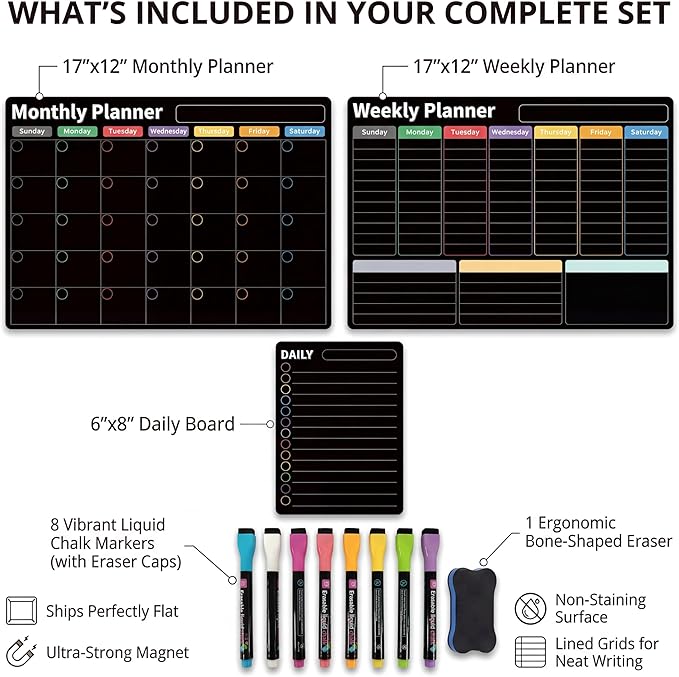 Magnetic Black Calendar for Refrigerator (3-Pack, Ships Flat) - 17"x12" Monthly, Weekly & Daily Planner with Lined Grids - Nano-Tech Dry Erase Fridge Board, 8 Neon Liquid Chalk Markers