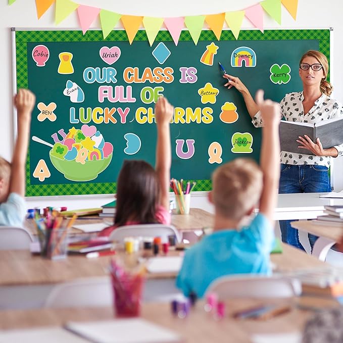 127Pcs St. Patrick's Day Bulletin Board Classroom Decoration Lucky Charms Cutouts Shamrock Clover Name Tags Green Plaid Border Trim School Classroom Party Supplies Chalkboard Wall Door Decor