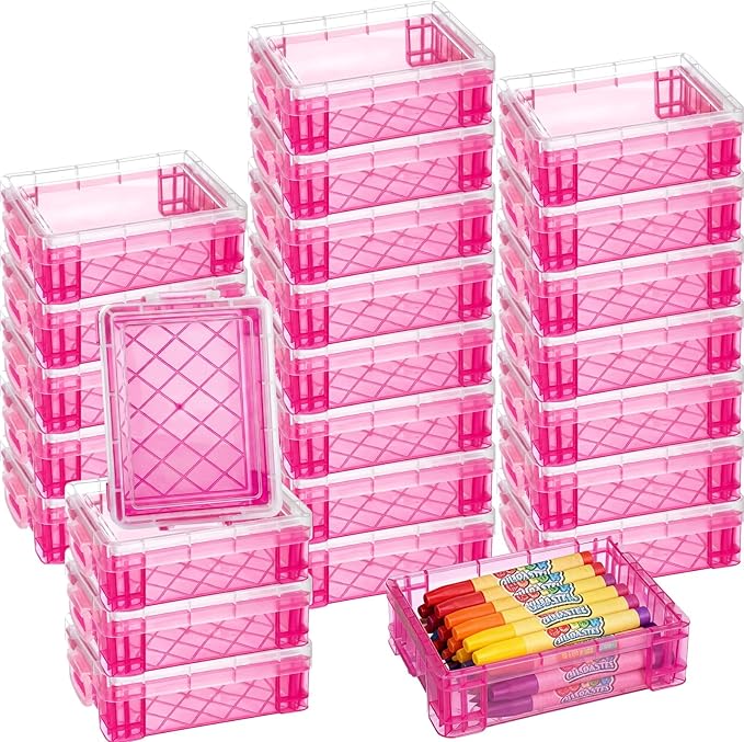 Suzile 25 Pcs Plastic Crayon Boxes with Snap Lids Crayon Storage Organizer Stackable Container Bulk Pencil Case for Pen Crafts Classroom Supplies(Pink)