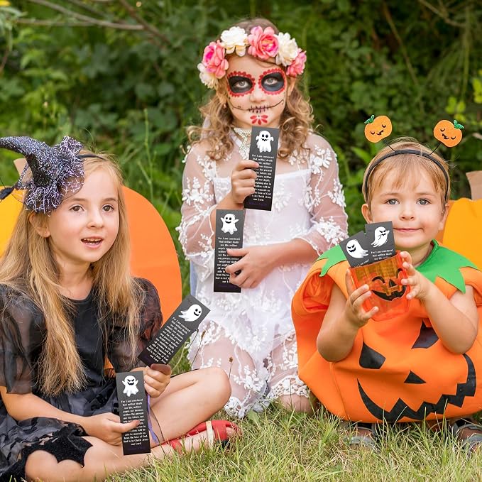 TICIAGA Halloween Religious Christian Bookmarks - 60Pcs Halloween Ghost Bookmarks for Kids, Double Sided Book Tracker Hey Boo Page Marker for Book Lovers, Christian Church Giveaways for Sunday School