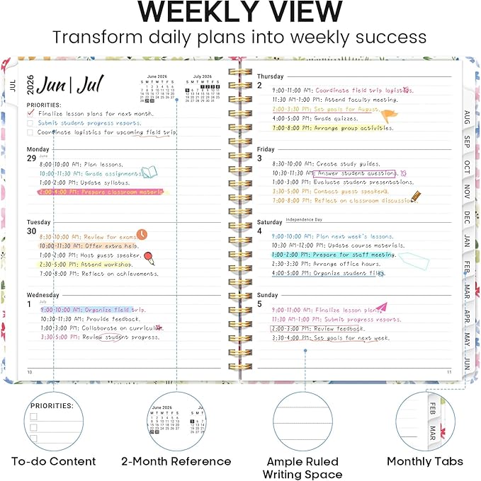 Academic Planner 2026-2027, Weekly and Monthly Calendar Book, July 2026 – June 2027, Hardcover Planner with Tabs, Perfect for Teachers, Students, Women & Men, A5 (6.4" x 8.5") - Disty