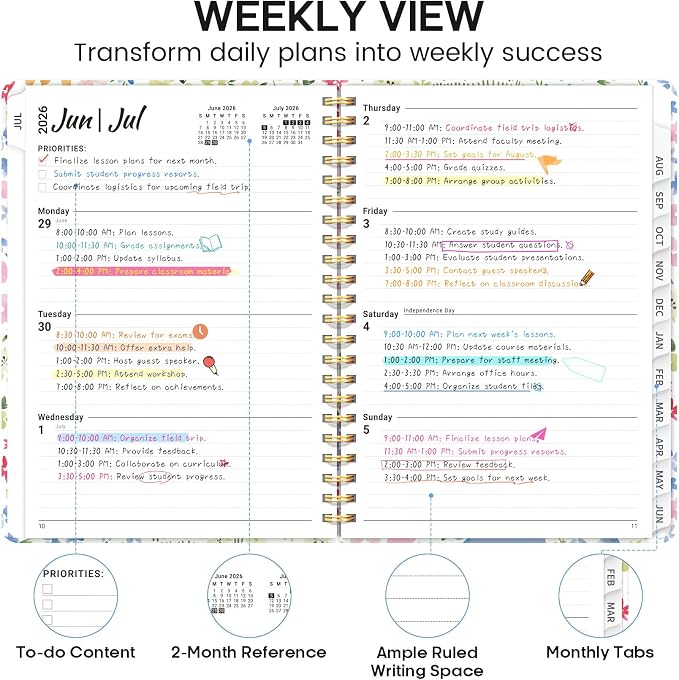 Academic Planner 2026-2027, Weekly and Monthly Calendar Book, July 2026 – June 2027, Hardcover Planner with Tabs, Perfect for Teachers, Students, Women & Men, A4 (8.5" x 11") - Disty
