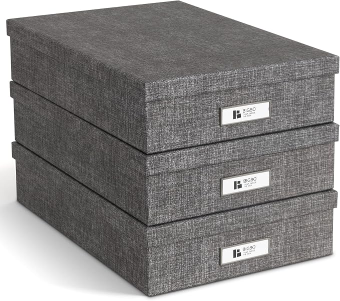 Bigso Oskar Canvas Fiberboard Document Letter Box for Important Paperwork A4 or Letter Size - Durable Keepsake Box with Lid and Metal Label Holder - 3.3in x 10.2in x 13.8in - Melange Grey - 3 Pack