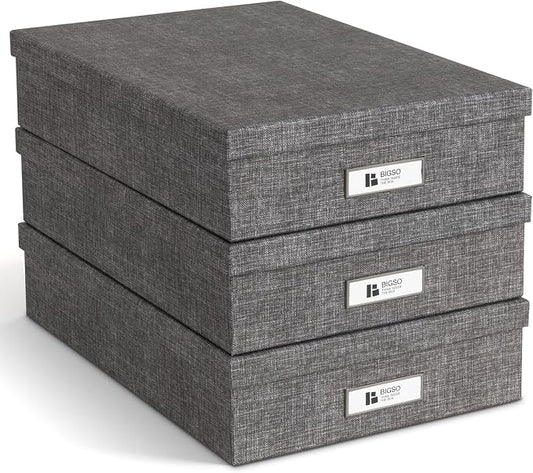 Bigso Oskar Canvas Fiberboard Document Letter Box for Important Paperwork A4 or Letter Size - Durable Keepsake Box with Lid and Metal Label Holder - 3.3in x 10.2in x 13.8in - Melange Grey - 3 Pack