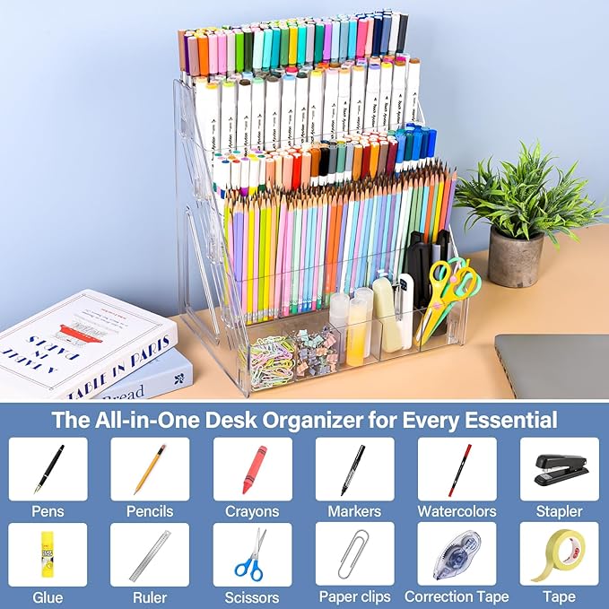 CELSOL Acrylic Pen Holder – 3 Tier 15 Compartments Vertical Storage for Markers, Pens & Art Supplies – Clear Desk Organizer for Home, School & Office – Ideal for Space-Saving & Desk Organization