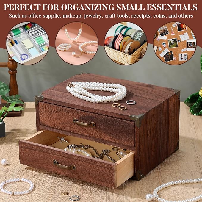 Zerodeko Vintage Wooden Drawer Storage Cabinet with 2 Drawers Compact Desktop Organizer for Office Supplies Makeup Jewelry and Home Storage 9.44X7.08X5.11 Inches