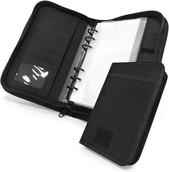 Tactical Notebook Cover, A6 Padfolio 6 Ring Binder with Big Back Pocket & Hand Strap, Zippered Hardcase Planner for Journal, College, Office, Field (Black, A6(5.5 x 8.5 inches))