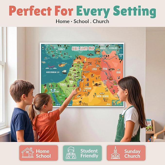 Bible Story Map Poster for Kids, Laminated 17.5" x 24" – 70+ Illustrated Bible Stories for Kids, Classroom & Homeschool, Bulletin Board, Sunday School Educational Wall Chart + 4 Printable Worksheets