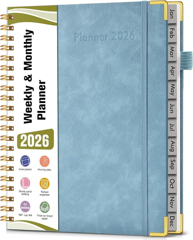 2026 Planner, Hardcover Leather Weekly and Monthly Planner, January 2026 - December 2026, Spiral Yearly Agenda Organizer Book 2026 with Tabs, Daily Calendar Planners for School Work Home, A4 (8.5" x 11"), Blue