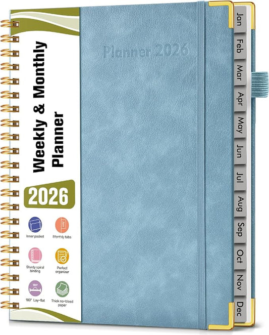 2026 Planner, Hardcover Leather Weekly and Monthly Planner, January 2026 - December 2026, Spiral Yearly Agenda Organizer Book 2026 with Tabs, Daily Calendar Planners for School Work Home, A4 (8.5" x 11"), Blue