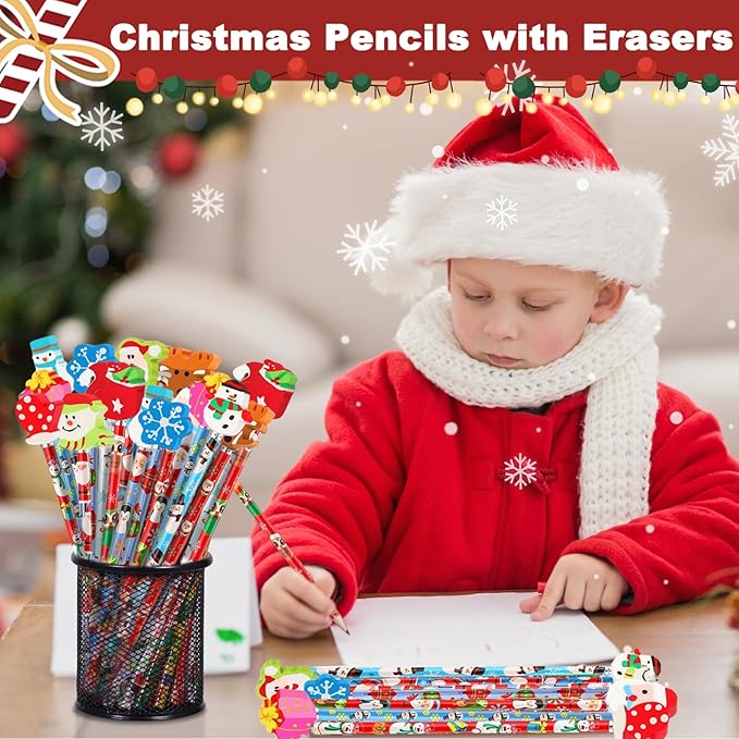 Christmas Pencils with Giant Eraser Assortment Christmas Themed Pencil Wooden Pencils for Christmas Party Supplies Xmas Stocking Stuffers, 12 Style (12)