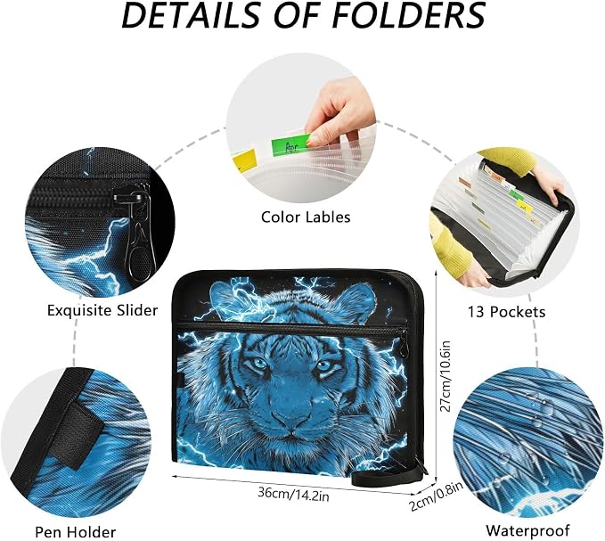 Blue Lighting Tiger Accordion File Organizer Expanding Document Folder with 13 Pockets Portable File Folder for A4 Letter Size
