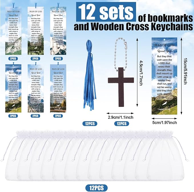 Dispowreath 24 Pcs Father's Day Christian Gifts Include 12 Wooden Cross Charm 12 Man of God Bookmark Religious Church Gift Special Dad for Men Church Prizes Party Favor