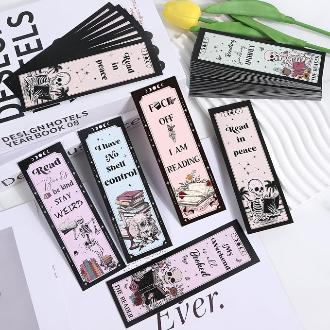 Wxiben Skeleton Flower Bookmarks Gifts - 40 Pcs Skeleton Reading Book Marks Gothic Skull Floral Book Markers Clip Double Sided Bookmarks for Women Bookish Bookworm Students Teachers Reader Club Gift