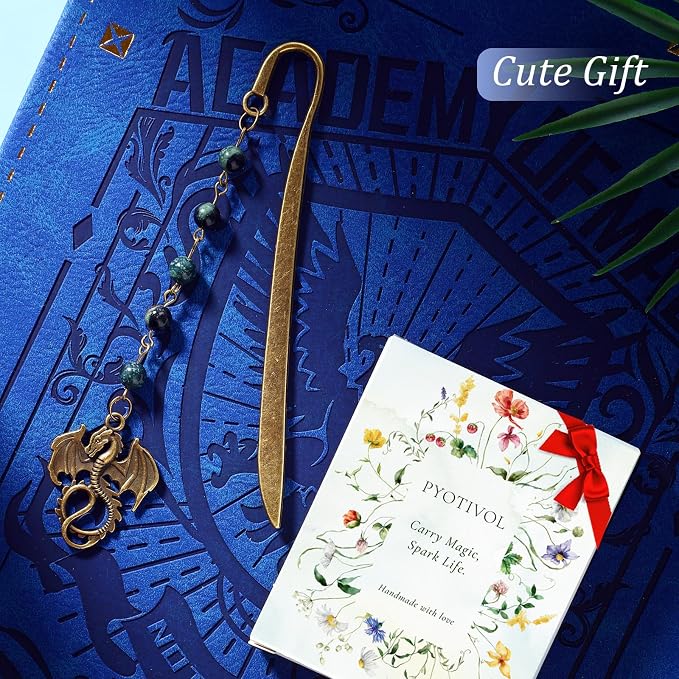 Vintage Witch Brass Metal Copper Bookmark with Dragon and Bead Chain Pendant–Wicked,Handmade Sodalite Bookmarks for Reading Women,Men,Book Lovers,Girls,Teens,Teachers and Students