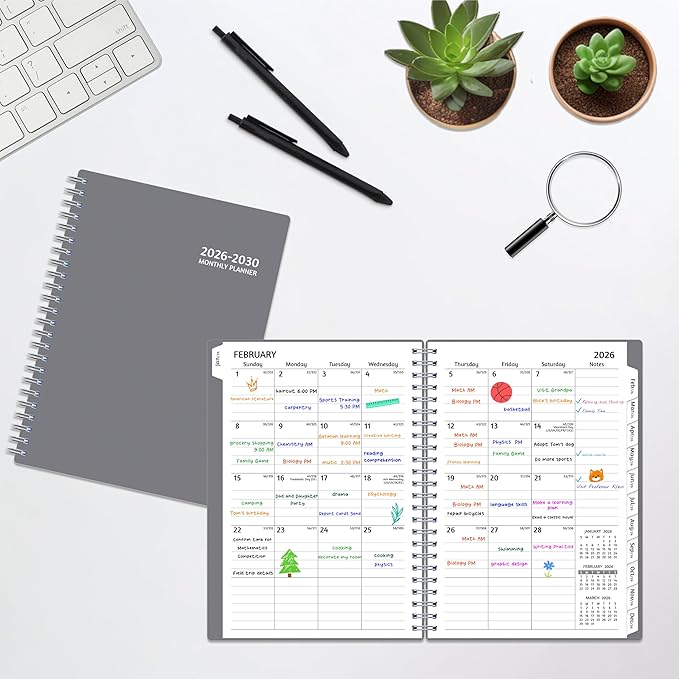 Monthly Planner 2026-2030, 5-Year Calendar Planner 2026-2030, Jan 2026 – Dec 2030, 6.2 x 8.4 In, Ruled Spread, Flexible Cover, Spiral Wirebound, Pocket, 60 Coated Monthly Tabs, Notes ＆ Habit Tracker