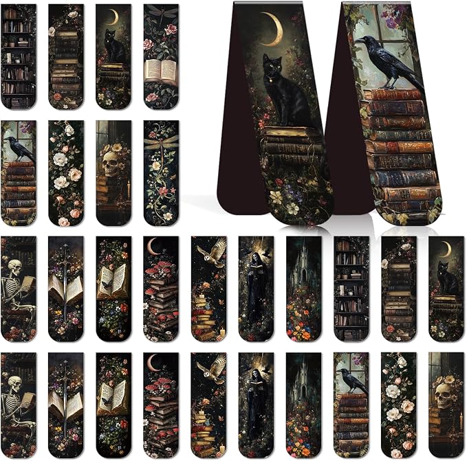 Wxiben Dark Academia Magnetic Bookmark - 30 Pcs Gothic Flower Book Mark Magnets Retro Aesthetic Bookmarks Magnetic Skull Plants Dragonfly Book Markers Page Clip for Women Students Teacher Reading Gift