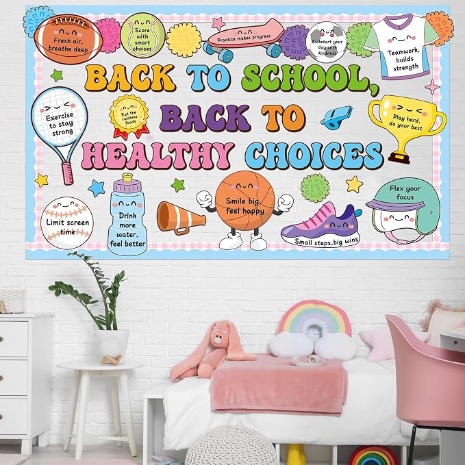 Back to School Bulletin Board Set Healthy Habits Sports Classroom Decoration Motivational Back to Healthy Choices Bulletin Board Cutouts for School Classroom Nurse Office Door Chalkboard Wall Decor