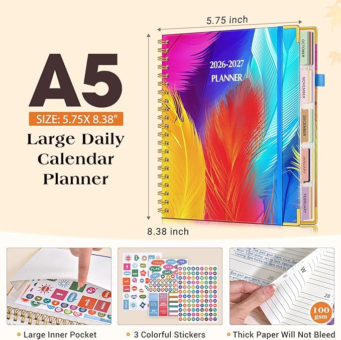 Planner 2026-2027, 18 Months Weekly and Monthly Daily Planner from January 2026 - June 2027, 5.75" x 8.38" A5 Hardcover Agenda Organizer Book 2026 with Tabs, Spiral Yearly Calendar Planners for School Work Home, Colorful Feather