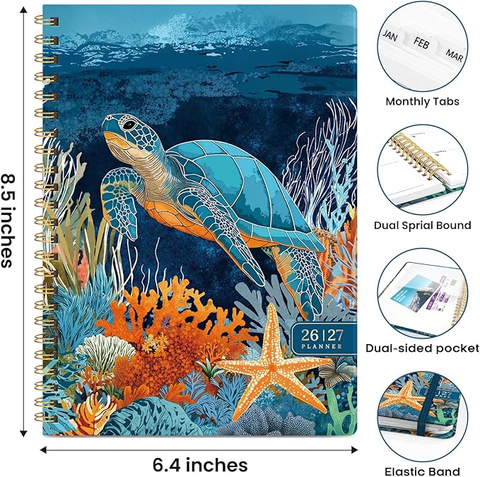 Academic Planner 2026-2027, Weekly and Monthly Calendar Book, July 2026 – June 2027, Hardcover Planner with Tabs, Perfect for Teachers, Students, Women & Men, A5 (6.4" x 8.5") - Turtle