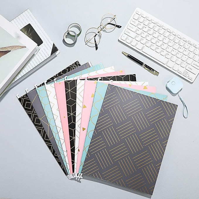 30 Pcs Geometric Hanging File Folders, Including Adjustable Tabs and Inserts, Letter Size Decorative Hanging File Cabinet Inserts Organizer for Desk Office, 5 Colors Gold Foil Designs