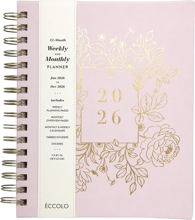 WORLD TRAVELER 2026 Planner Weekly and Monthly - 7'' x 8.75'' Hard Cover January December Spiral Daily Planner 2026 To Do List, Size 7X8.75, White/Golden Peony