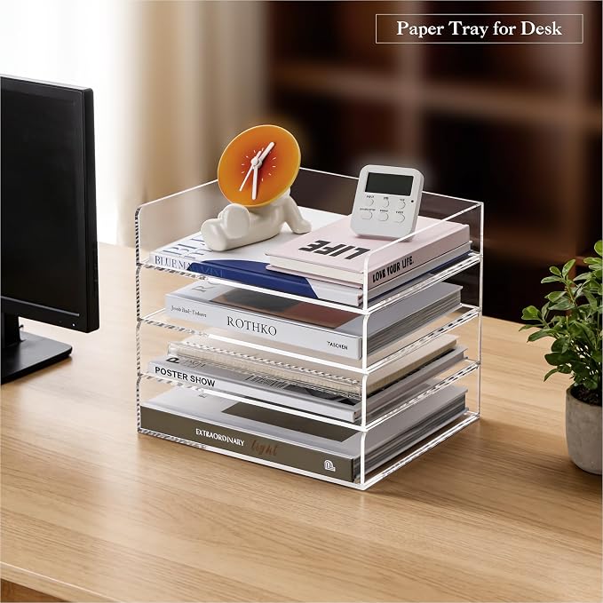 HeZone 4 Tier Paper Organizer for Desk,Acrylic Paper Tray,Clear Stackable Desk Organizer for Document, Office File,A4 Paper