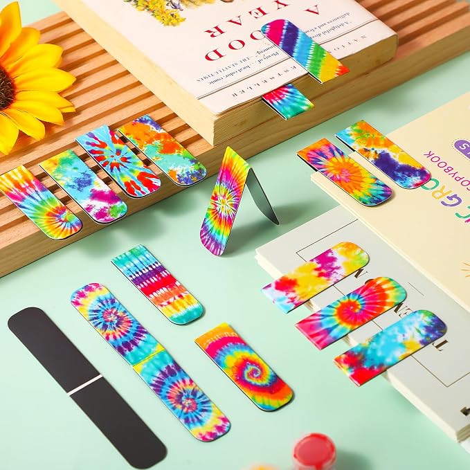 Faccito Tie Dye Party Favors, 48 Pcs Tie Dye Bookmarks Bulk Hippie Rainbow Bookmark Magnetic Clips for Kids Students Back to School Book Lover Classroom School Office Birthday Pastel Art Gifts