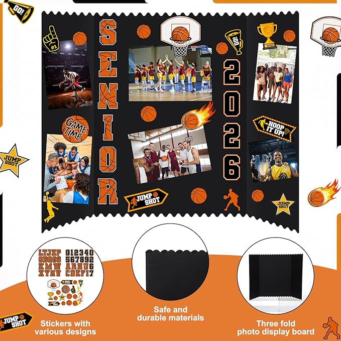 Tinlade 3 Set Basketball Senior Night Gifts Senior 2026 Photo Display Board 24" x 16" Trifold Poster Board with Basketball Themed Stickers for Graduation Picture Frame Sport Theme Party Supplies