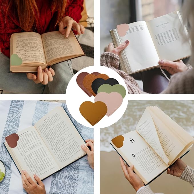 6 Pcs Leather Heart Bookmarks, Reading Accessories, Book Marks for Women Teacher Students Book Reading Lovers (Multicolor)