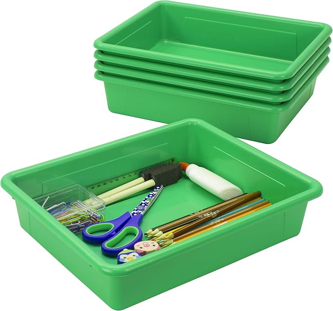 Storex Letter Size Flat Storage Tray – Organizer Bin with Non-Snap Lid for Classroom, Office and Home, Green, 5-Pack (62539U05C)