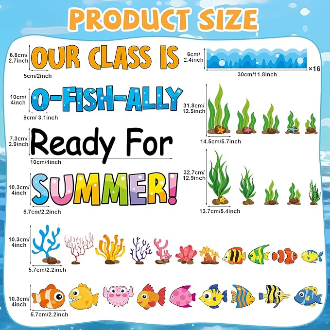 Justforjoyful Summer Ocean Sea Bulletin Board Decorations O-Fish-Ally Ready for Summer Theme Classroom Back to School Bulletin Board Border Set Tropical Marine Fish Paper Cutouts for School Home Decor