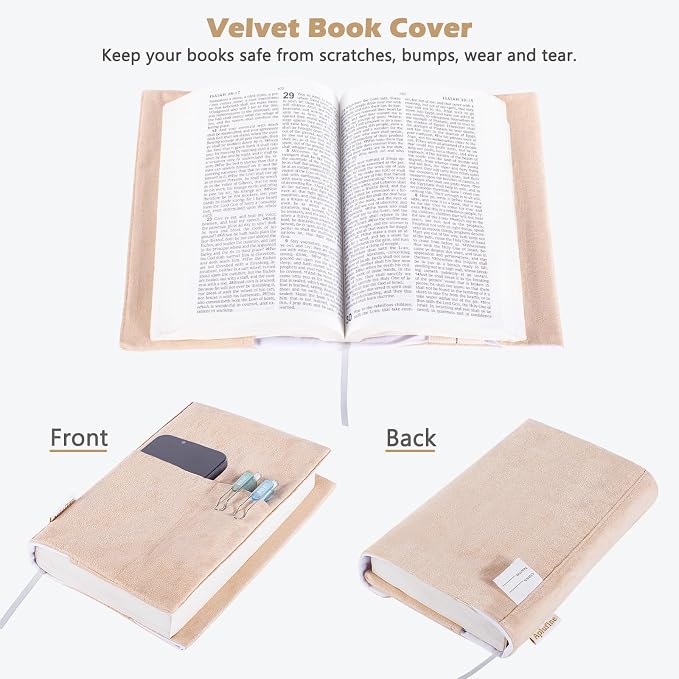 APLUFINE Velvet Book Cover for Paperbacks, Reusable Fabric Book Cover with Pockets, Adjustable Book Protector for Softcover Books, Journals & Bibles