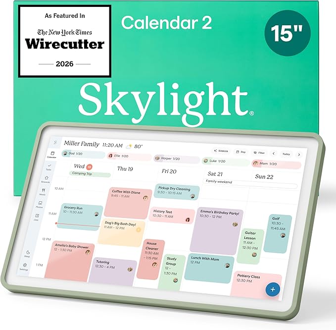 Skylight Calendar 2 - 15-inch Full HD Touchscreen Digital Calendar, Featured on Wirecutter - Wall Planner & Interactive Chore Chart, Smart Family Organizer, 16GB Storage, Wi-Fi, Wall Mount Included - Classic, Sage