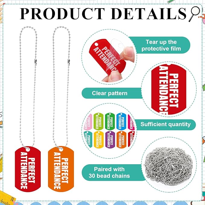 30 Sets Perfect Attendance Dog Tag Necklaces with Chains Student Incentives Acrylic Award Bulk Recognition Tag Education Rewards Prizes for School Classroom Teacher Supplies