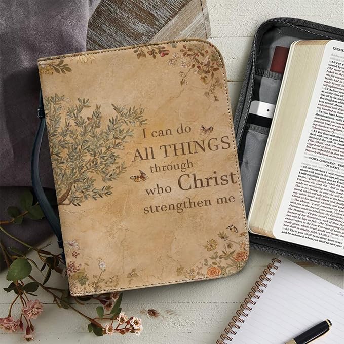 Vintage Style Olive Tree Bible Case with Bookmark Waterproof Bible Cover Case for Women Lightweight Bible Bag with Handle Pockets Church Book Bag Brown
