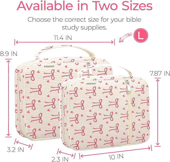 WOBAGMEN Bible Cover Case for Women,Cordoury Bible Cover with Handle,Pink Bow Bible Book Cover,Carrying Case Bible Protective Christian Gift(Pink Bow, L)