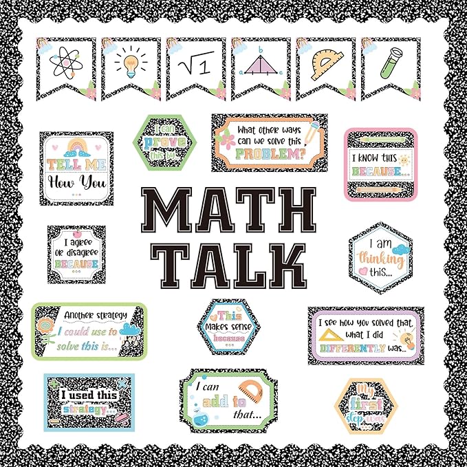 AmazingSpark Composition Notebook Math Talk Bulletin Board Set Classroom Decorations Educational Maths Paper Cutouts Back to School Bulletin Board Decor Elementary Middle School Wall Decor Supplies
