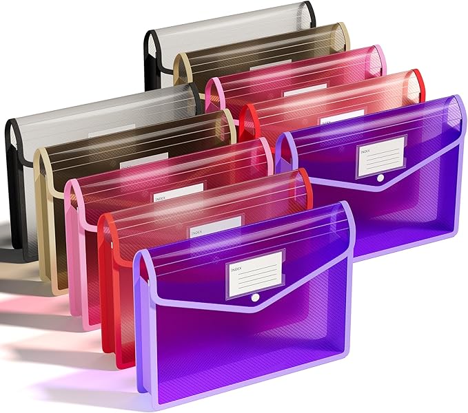 ThinkTex Plastic Expanding File Folder, Transparent envelopes with Snap Closure,No Dividers,Large Capacity,Document Organizer for Receipts, Bills&Taxes,Letter/A4 Size for School/Office/Home-10 Pack