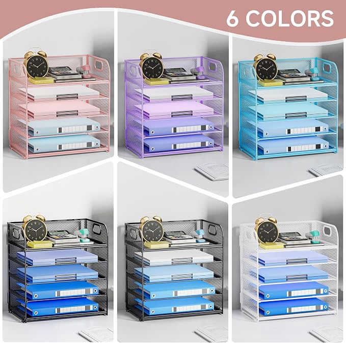 5-Tier Stackable Paper Organizer with Handle, Pink Metal Mesh Letter Tray | Stylish Desk File Sorter for Office, Home & Classroom Supplies