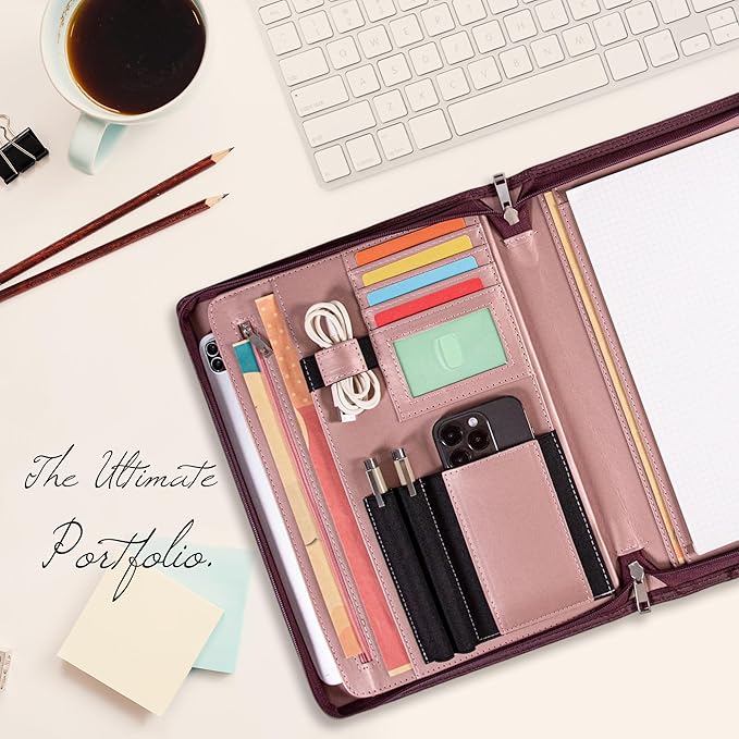 Calfinder Leather Portfolio for Women,Business Portfolio Organizer with Zipper,Pink Portfolio Binder, Interview Resume Folder with Card Holder, A4 Letter Document Organizer,Gift for Women