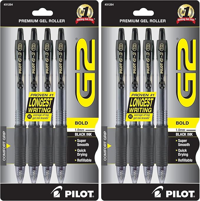 PILOT G2 Premium Gel Pens, Black Pens, Bold Point 1 mm, 4 Black, (Pack of 2)