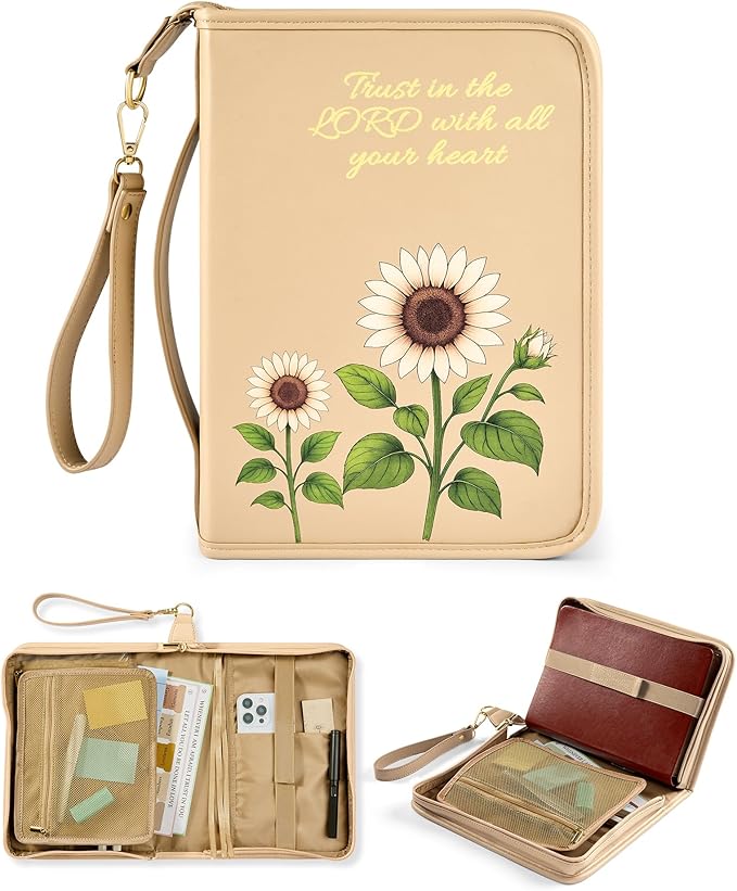 Bible Cover Case for Women, Large PU Leather Bible Bag with Multiple Pockets, Reinforced Handle and Wrist Strap, Zippered Organizer for Bible Study and Church, Gift for Her, Beige