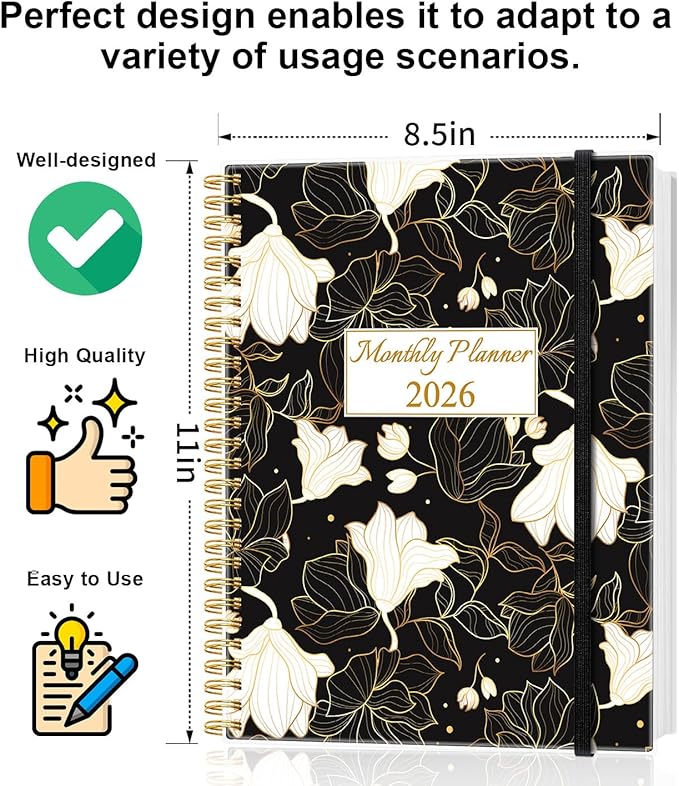 Monthly Planner 2026 - Monthly Calendar from January 2026 to December 2026, 2026 Planner with Inner Pocket, Elastic Band, 8.5" x 11", White Gold Flower