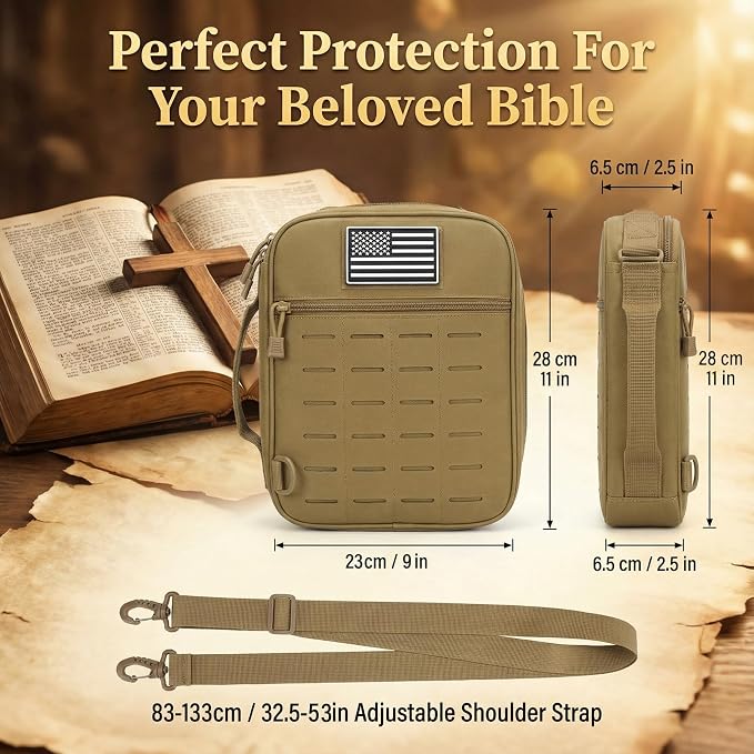 Tactical Bible Cover for Men, Large Bible Case with Shoulder Strap & US Flag Patch, Water Resistant Bible Carrier Bag with Handle, Multi Pockets for Church Study & Travel（Brown）