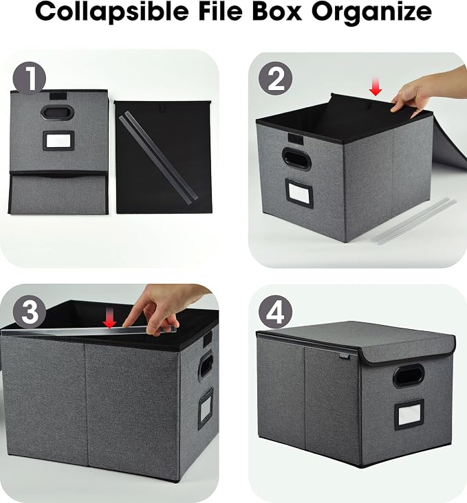 Qerlei File Organizer Boxes with Lids,Collapsible File Folder Organizer with Plastic Slide,Collapsible Filing & Storage Boxes for Office/Decor/Home (Drak grey, 2 Pack)
