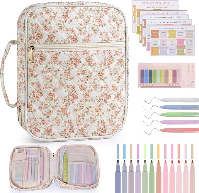 Bible Cover Case for Women Large Quilted Bible Carrying Bag with Handles Bible Study Supplies & Accessories Christian Gifts for Women(Siamese Rose, M)