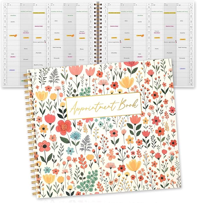 Maitys 2026-2027 Large 6 Column Salon Appointment Book for Hairstylist Spa Business, Hourly Planner 15 Minute Interval, 200 Pages Undated 6 Am 9 Pm Spiral Bound Checklist Planner(Colorful, Floral)